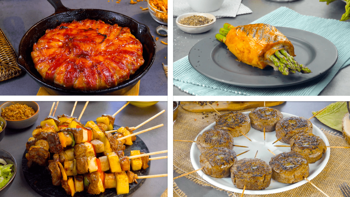 7 feurige Fleischrezepte für den Grill: Ein Beitragsbild mit vier Rezepten.