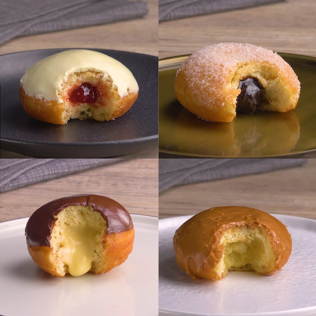 Vier Arten von gefüllten Pfannkuchen.