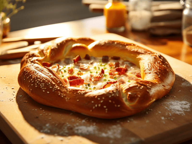 Flammkuchen-Brezel mit Speck und Käse auf einem Brett.