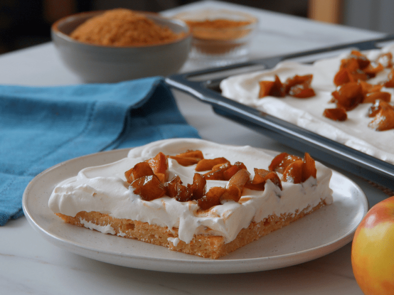 Ein Stück Apfelkuchen neben dem Blech mit Kuchen und einer Schüssel Zimt im Hintergrund.