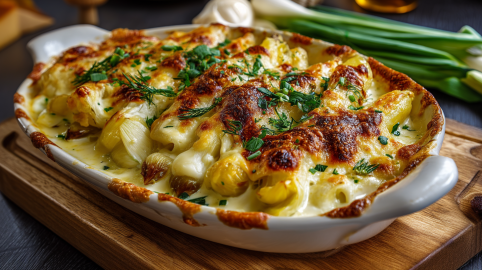 Spargel-Lauch-Auflauf in einer weißen Auflaufform.