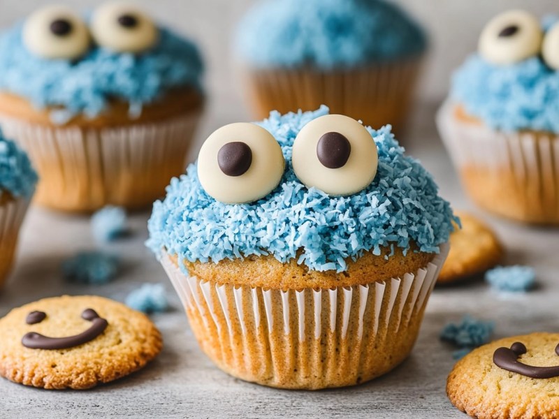 Krümelmonster-Muffins mit Marzipanaugen und Keksen