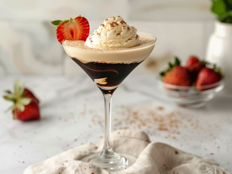 Ein Martiniglas mit Affogato Espresso Martini mit Vanilleeis und einer halben Erdbeere garniert. Im Hintergrund unscharf Erdbeeren und Zutaten.
