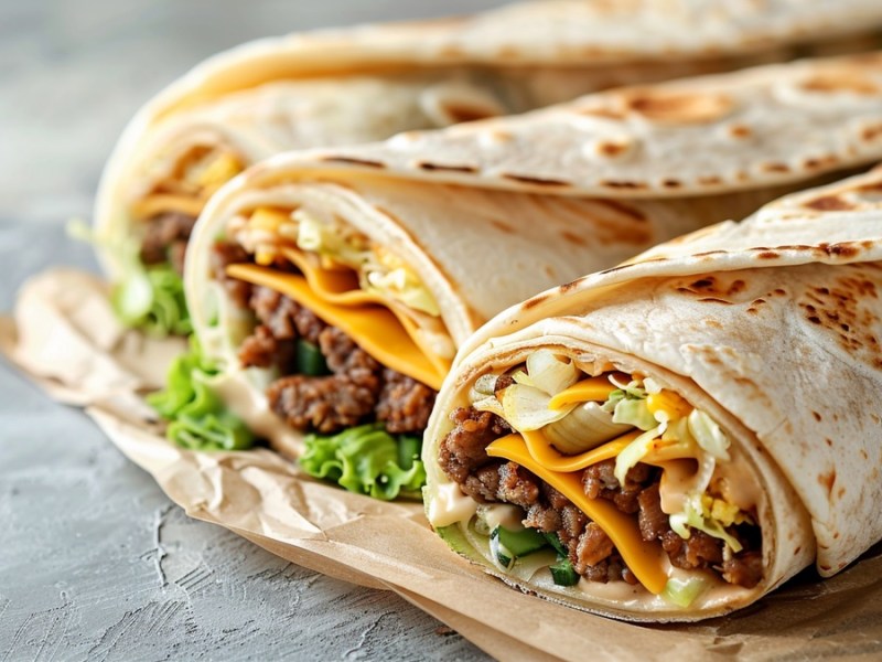 Big-Mac-Wraps auf Backpapier, heller Hintergrund.