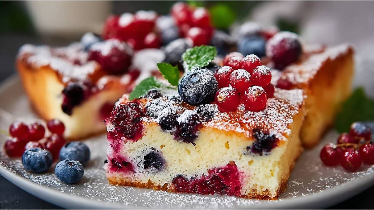 Teller mit einem Stück Buttermilchkuchen mit Beeren.
