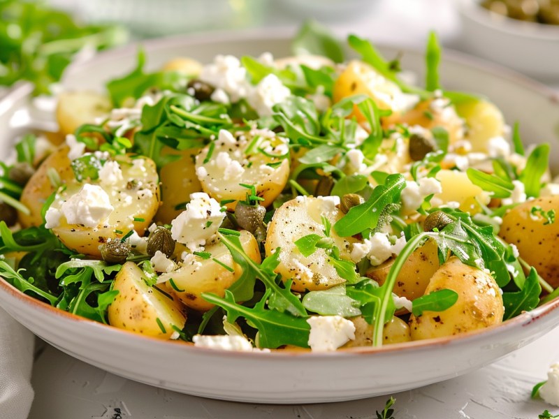 Eine Schale Kartoffelsalat mit Rucola und Schafskäse sowie Kapern, Nahaufnahme.