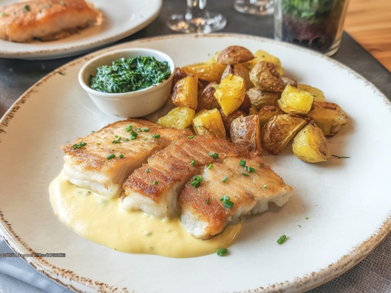 Pannfisch mit Bratkartoffeln und Senfsoße auf einem weißen Teller.