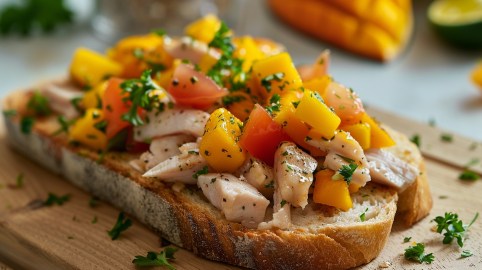 Hähnchen-Mango-Toast mit Kräutern in Nahaufnahme