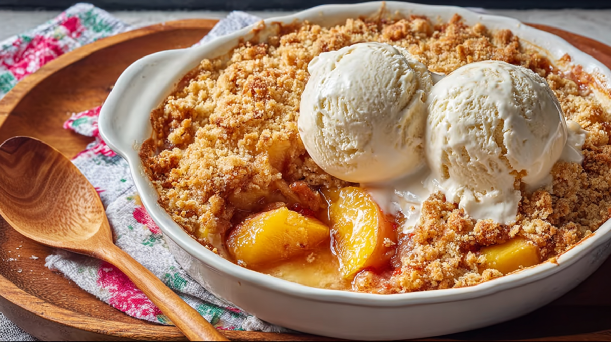 Pfirsich-Crumble in einer ovalen, weißen Auflaufform.