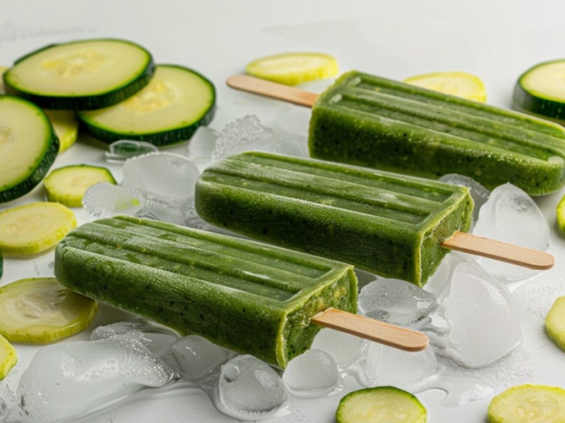 Zucchini-Eis auf hellem Hintergrund und Zucchinischeiben.