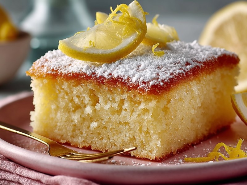 ein Stück Buttermilchkuchen mit Zitrone auf einem Teller, garniert mit Puderzucker.