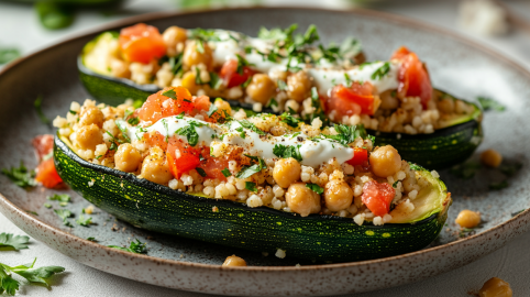 zwei halbe gefüllte Zucchini mit Couscous, Tomaten und Kichererbsen auf einem Teller, garniert mit Joghurt und gehackten Kräutern.