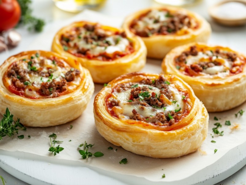 5 Hackfleisch-Blätterteig-Schnecken auf einem Brett.