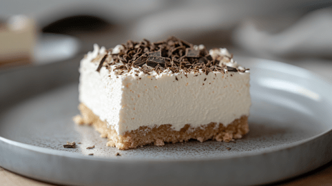 Ein Stück Schaumkuchen mit Paradiescreme vom Blech auf einem grauen Teller.