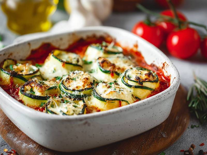 Zucchini-Cannelloni in Tomatensoße in einer Auflaufform