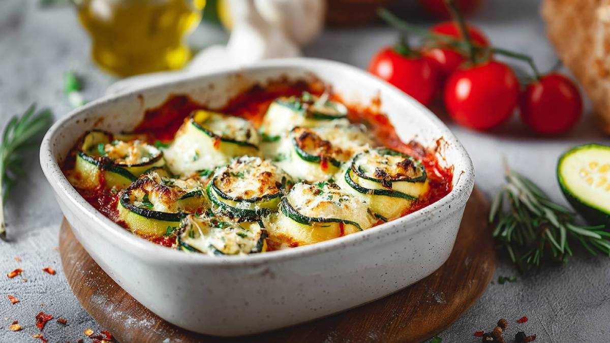 Zucchini-Cannelloni in Tomatensoße in einer Auflaufform