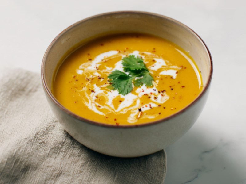 Eine Schüssel Apfel-Curry-Suppe in der Draufsicht.