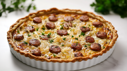 Bratwurst-Sauerkraut-Quiche in weißer Quicheform, bestreut mit Kräutern.