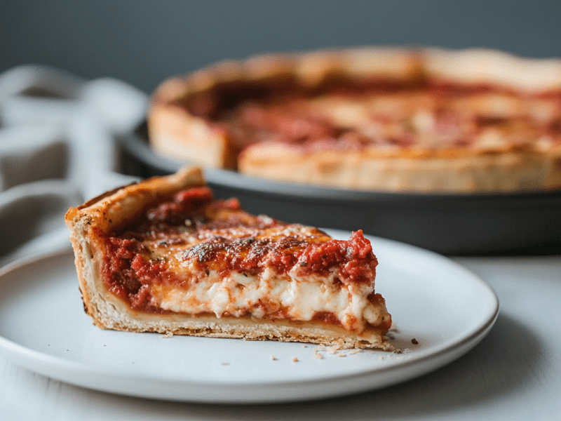 Ein Stück Chicago Deep Dish Pizza auf einem Teller, im Hintergrund unscharf die restliche Pizza und ein Geschirrtuch.