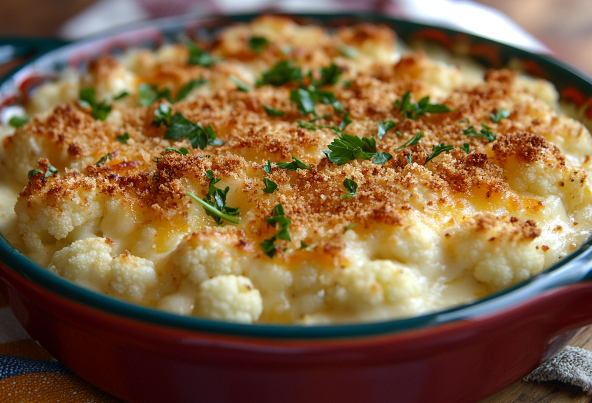 Blumenkohl-Käse-Auflauf in einer roten Auflaufform.