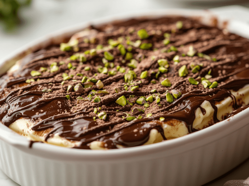 Dubai-Schokolade-Tiramisu in weißer ovaler Auflaufform, garniert mit Schokolade und Pistazien.