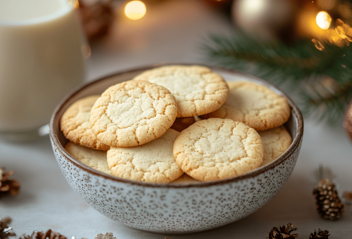 Eine Schale Eierlikör-Plätzchen, drumherum ein paar Weihnachtsdekoartikel.