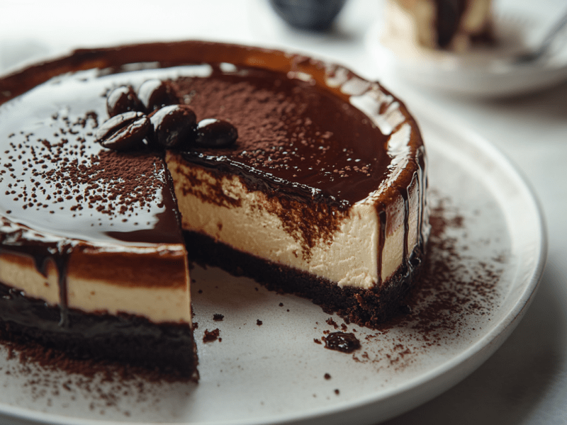 Espresso Martini Cheesecake auf einem Teller. Ein Stück wurde bereits entnommen.