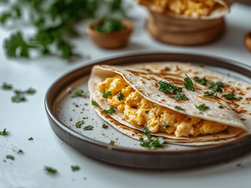 Frühstücks-Quesadilla mit Rührei und Käse auf einem Teller, im Hintergrund unscharf einige Zutaten in Schüsseln.