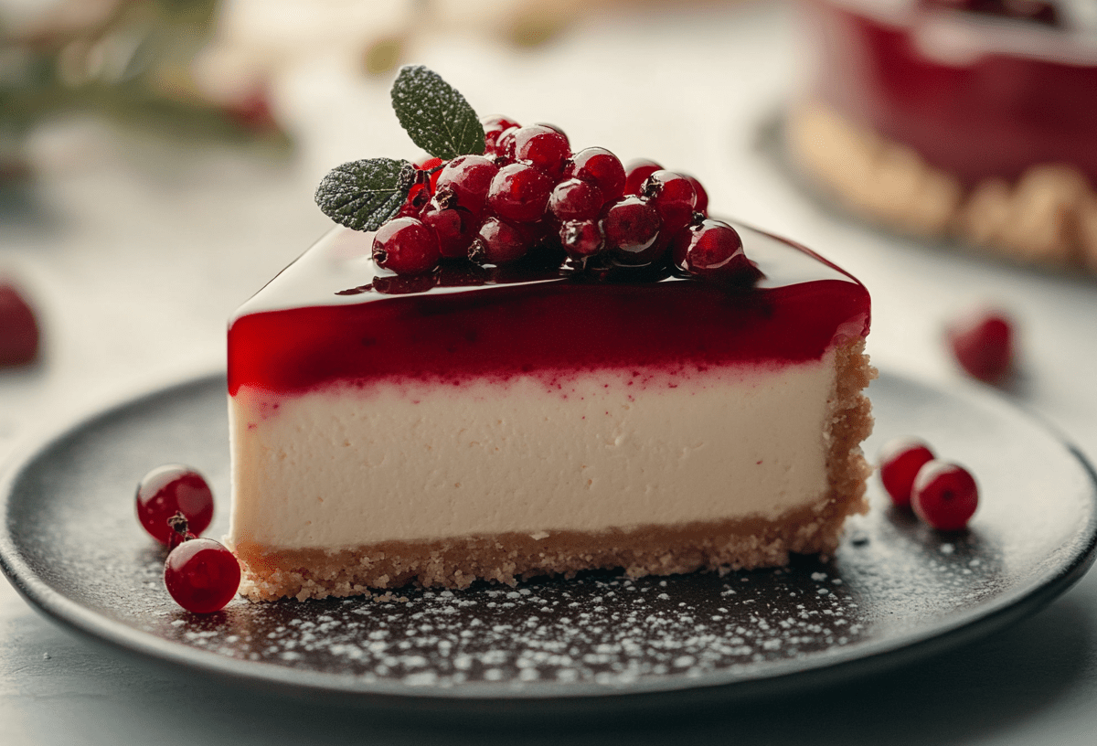 Ein Stück Glühwein-Cheesecake, garniert mit Preiselbeeren, auf einem Teller.
