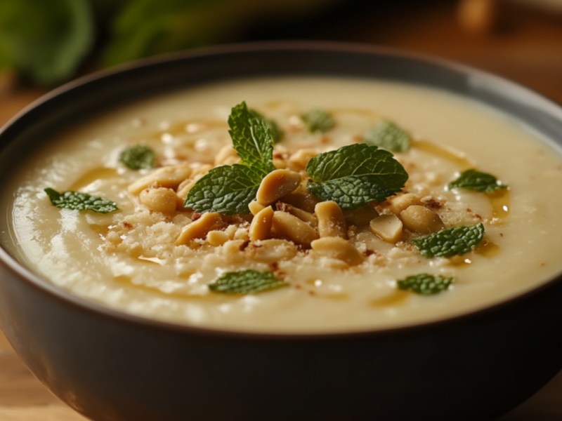 Eine Schüssel Kohlrabi-Kokos-Suppe mit Erdnüssen und Minze.