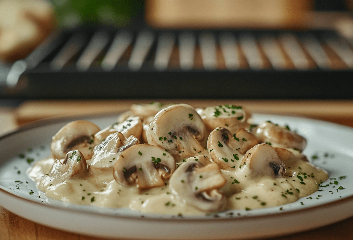 Ein Teller Rahmchampignons vom Raclette, im Hintergrund unscharf ein Raclettegrill.