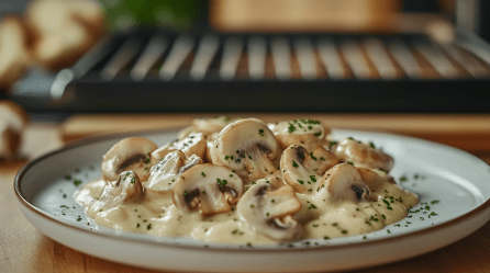 Ein Teller Rahmchampignons vom Raclette, im Hintergrund unscharf ein Raclettegrill.