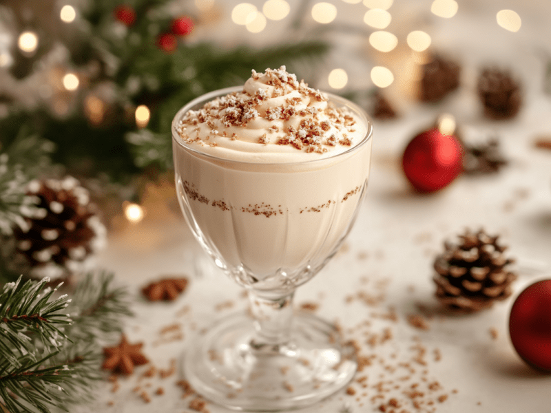 Ein Glas Vanillekipferl-Mousse mit Kekskrümeln bestreut, daneben Weihnachtsdeko.