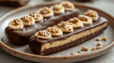 2 Riegel vegane Snickers-Schokolade garniert mit Bananen und gehackten Nüssen auf einem Teller.