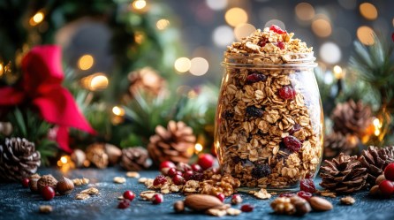 Glas mit Weihnachtsknuspermüsli und Weihnachtsdeko