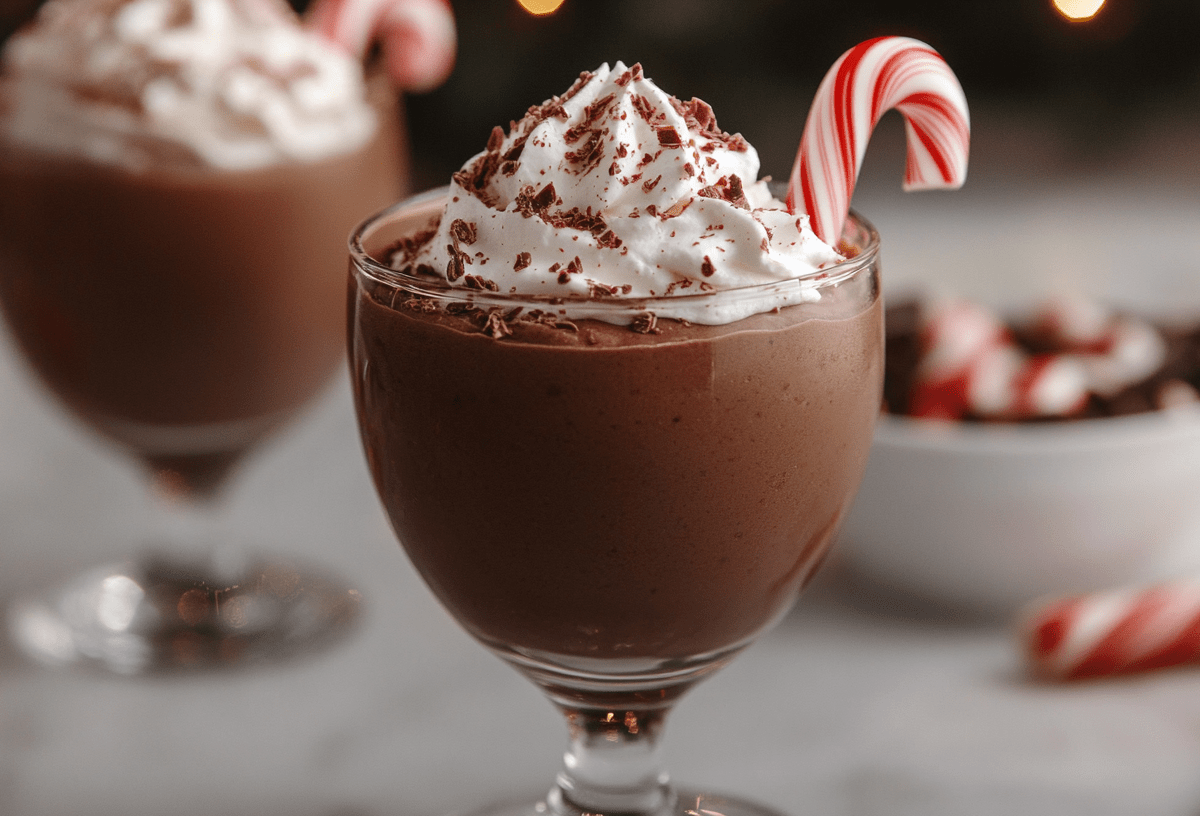 Zwei Gläser Weihnachtsmousse mit Schokolade, garniert mit einer Zuckerstange und Sahne.