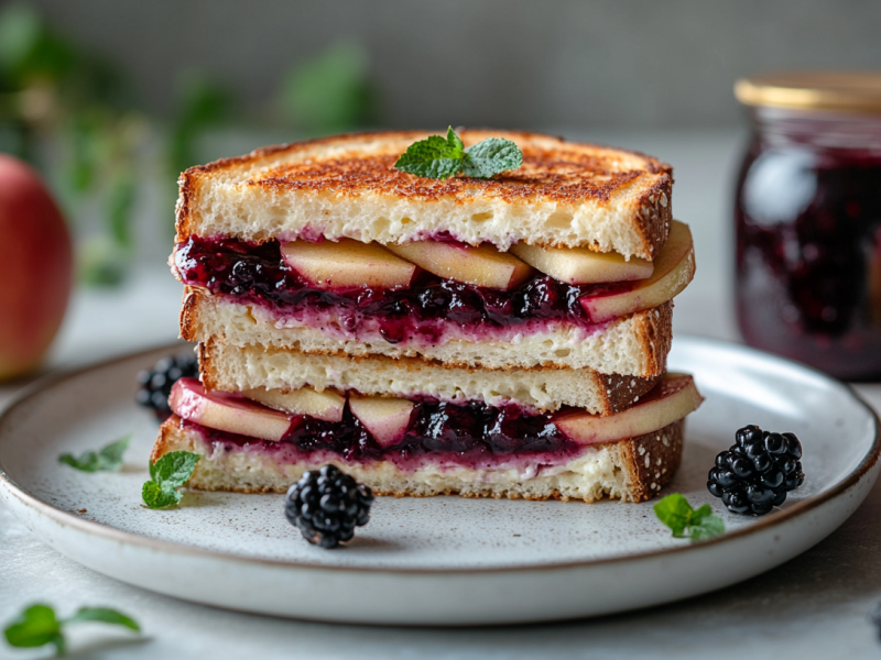 Apfel-Camembert-Sandwiches mit Marmelade auf einem Teller, drumherum ein paar Zutaten.