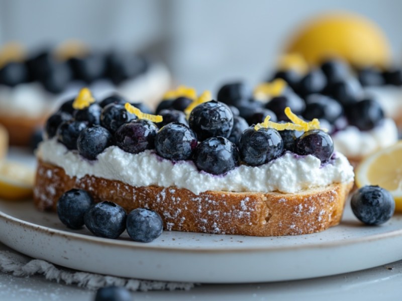 Ein Blaubeer-Ricotta-Röstbrot mit Zitronenzesten auf einem Teller.