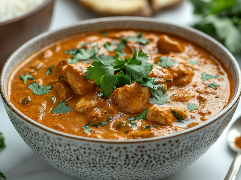 Eine Schale Butter-Chicken-Suppe garniert mit Koriander, daneben ein Löffel und einige Gewürze.