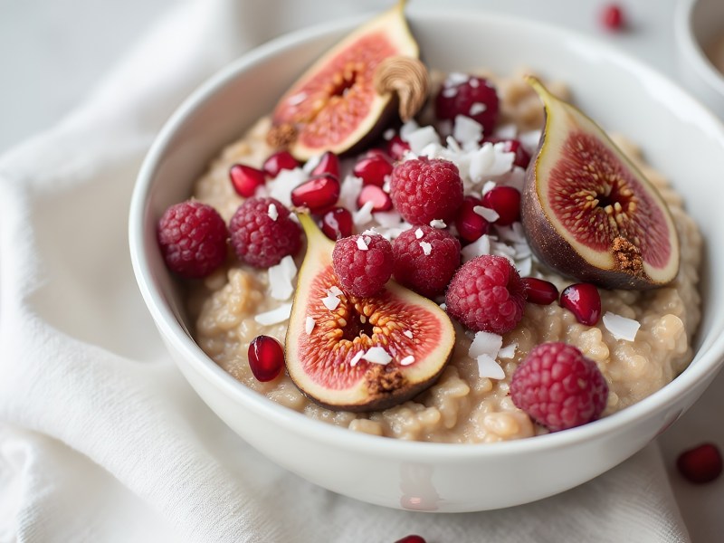 Eine Schüssel mit Chai-Porridge mit Granatapfelkernen, Feigen, Himbeeren und Kokosflocken. Die Schüssel steht auf einem weißen Küchentuch. Es liegen einzelne Granatapfelkerne und Himbeeren verstreut. In der linken oberen Bildecke kann man verschwommen eine kleine Schale mit Zimtzucker oder Milchkaffee erkennen.