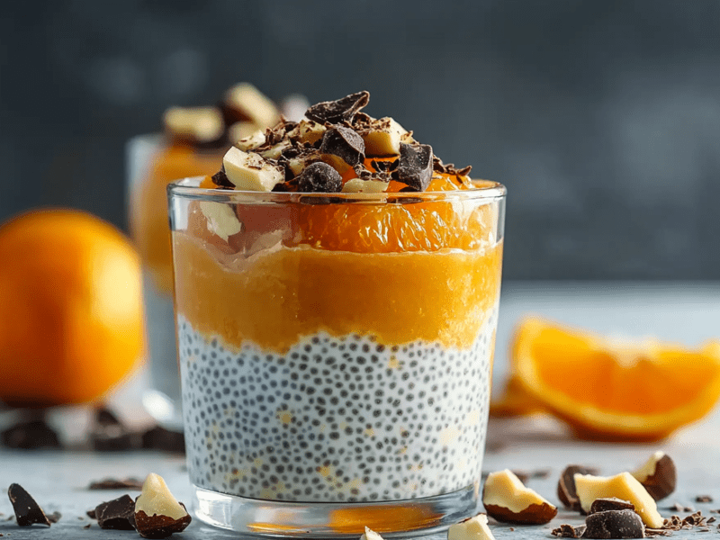 Ein kleines Glas voll Chia-Pudding mit Mandarinenpüree getoppt mit gehackten Haselnüssen und Schokoladenstückchen. Um das Glas herum liegen gehackte Haselnüsse und gehackte Schokolade verstreut. In Hintergrund kann man ein weiteres Glas mit Chia-Pudding mit Mandarinenpüree erkennen und es liegt ein Mandarine herum sowie ein Viertel einer Orange.