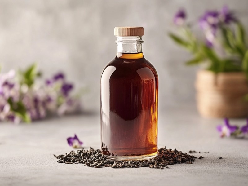 Flasche Earl-Grey-Sirup auf einem Tisch