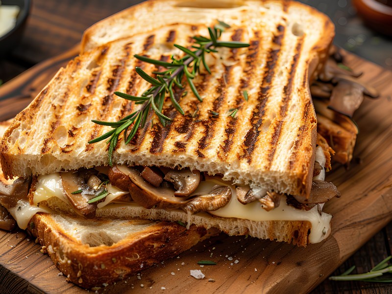 Gegrilltes Champignon-Käse-Sandwich mit Rosmarinzweig darauf auf einem Brett