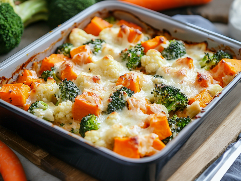 Gemüseauflauf mit Sahnesoße in einer eckigen Auflaufform.