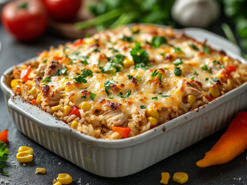Hähnchen-Reis-Auflauf in weißer Auflaufform, drumherum einige frische Zutaten.