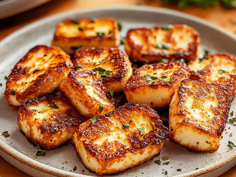 Einige Stücke Halloumi aus der Heißluftfritteuse auf einem Teller. Im Hintergrund ist ein Airfryer zu erahnen.