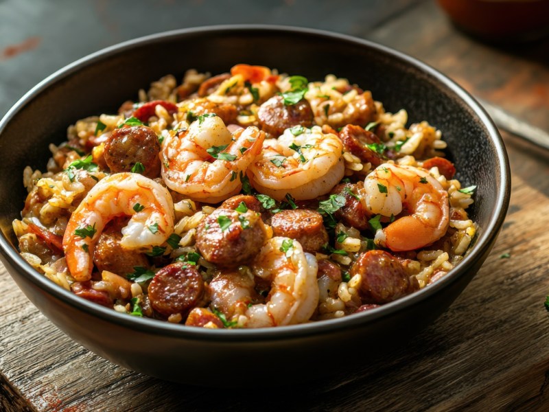 Eine Schüssel Jambalaya: kreolischer Reiseintopf.