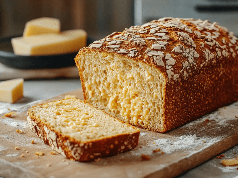 Ein angeschnittenes Käsebrot ohne Hefe.