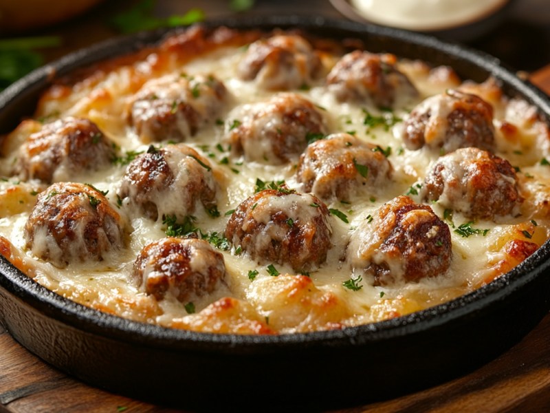 Form mit Kartoffel-Hackbällchen-Auflauf