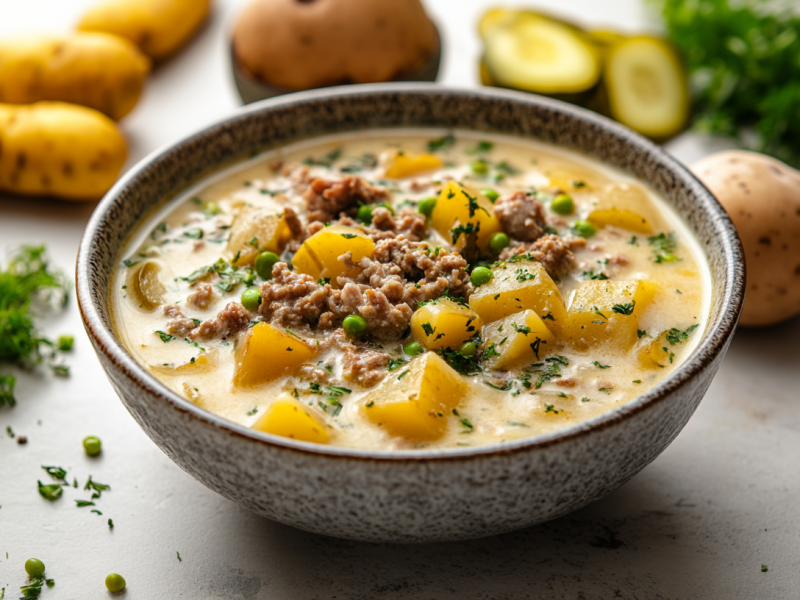 Eine Schüssel Käsesuppe mit Gewürzgurken, Hackfleisch und Kartoffeln. Drumherum einige Zutaten.